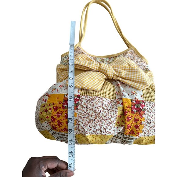 Yellow Floral Patchwork Shoulder Bag With Gingham Bow By Chateau Vintage Read - Picture 8 of 12